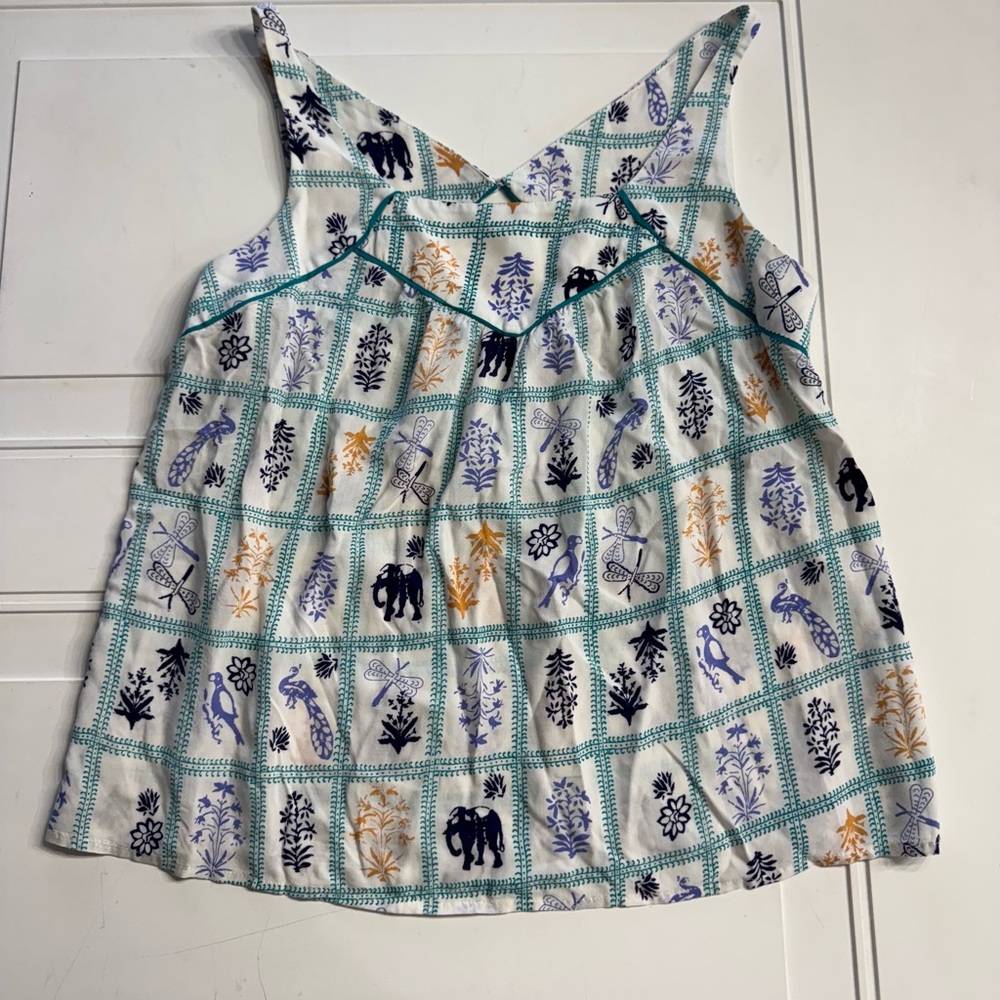 Maeve White Tank Top with Teal Grid and Navy, Lavender, Gold Motifs